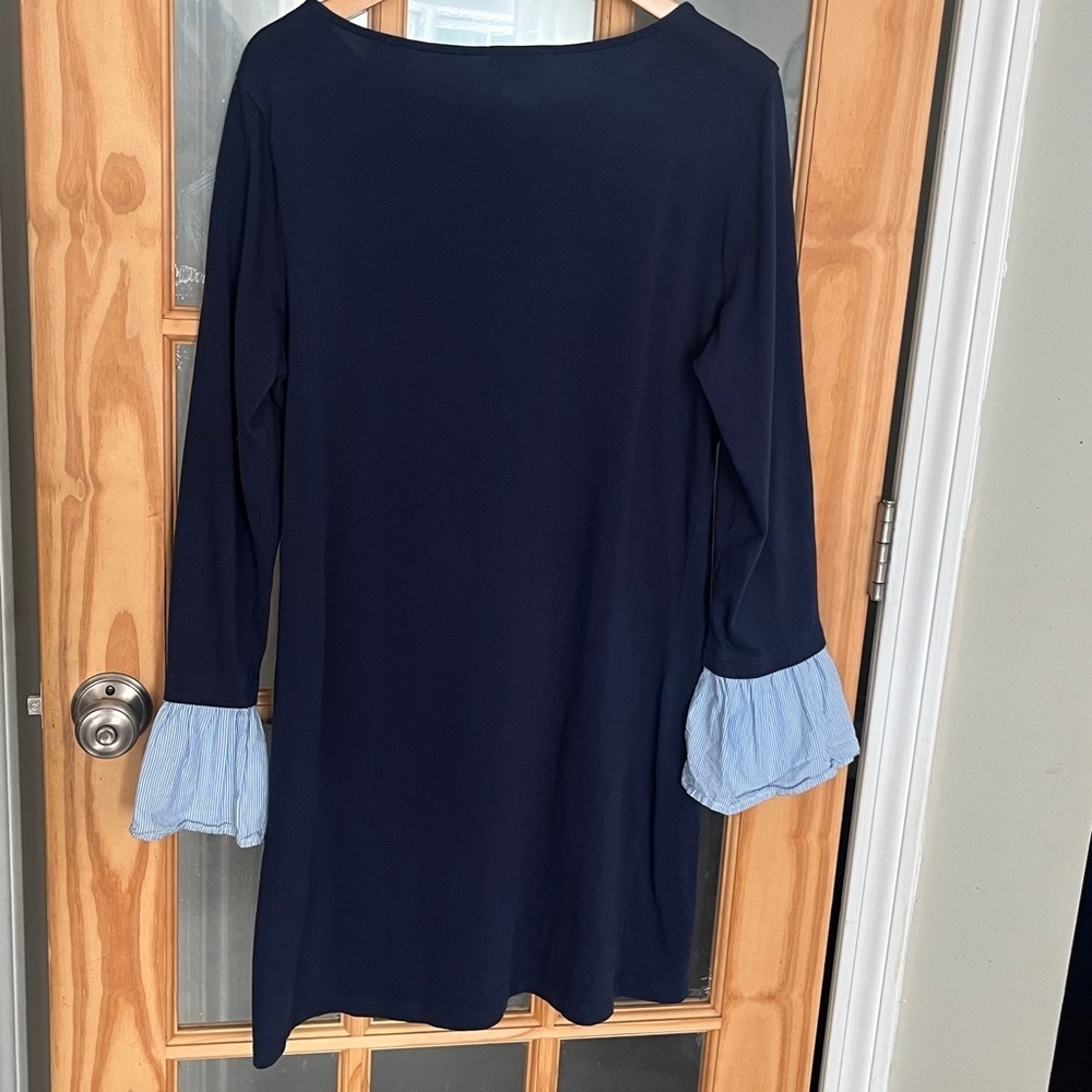 Beachlunchlounge Navy Blue Cotton shift dress w/ striped ruffle sleeve sz Large - Picture 7 of 9